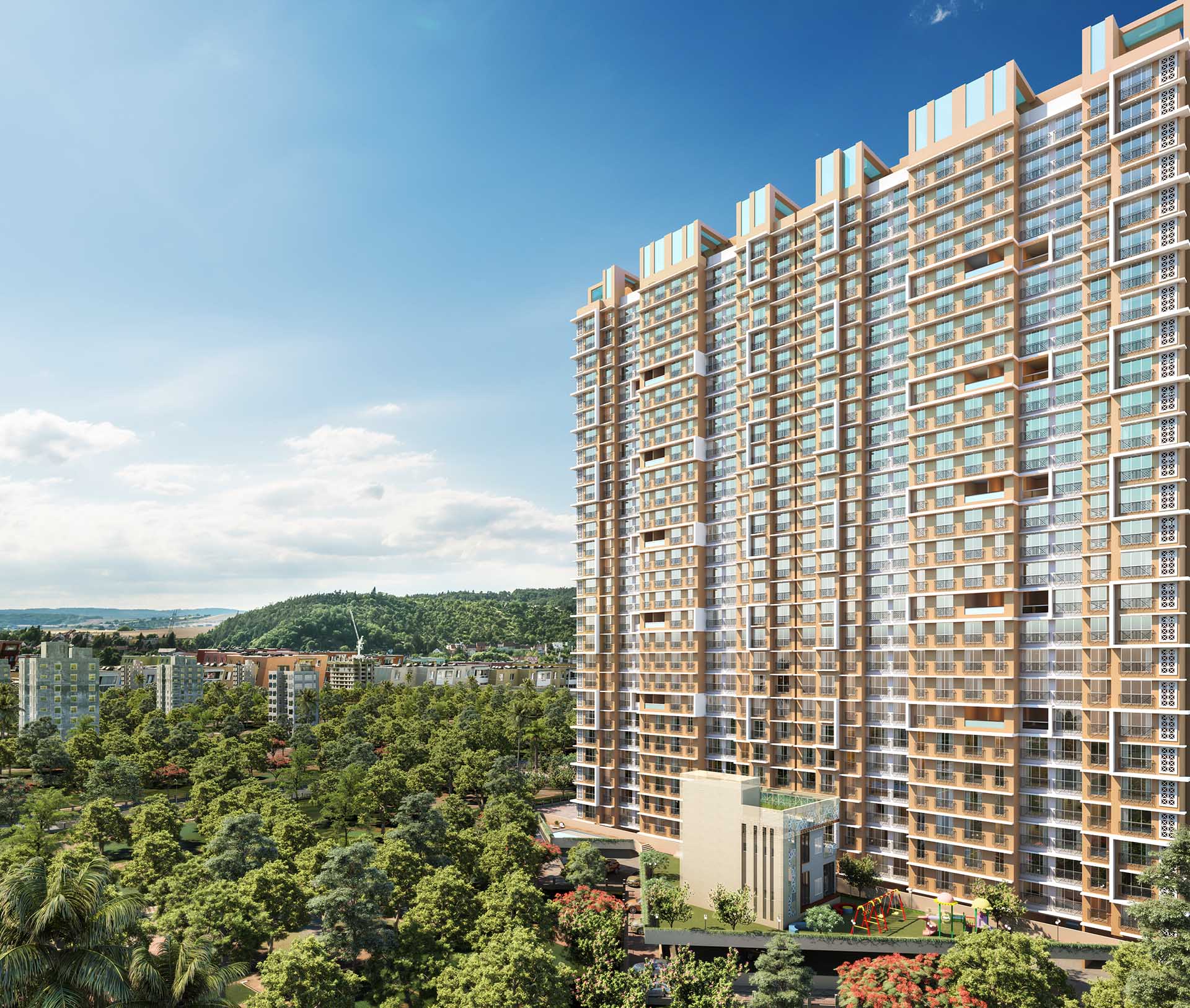 27 storey building, consisit of 1 bhk, 2bhk flats with glass windows ,building surrounded by trees.