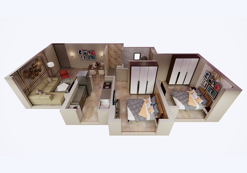 top view of 2bhk flat in mira road. 1 master bedroom has attach bathroom and huge sitting area seperate kitchen .