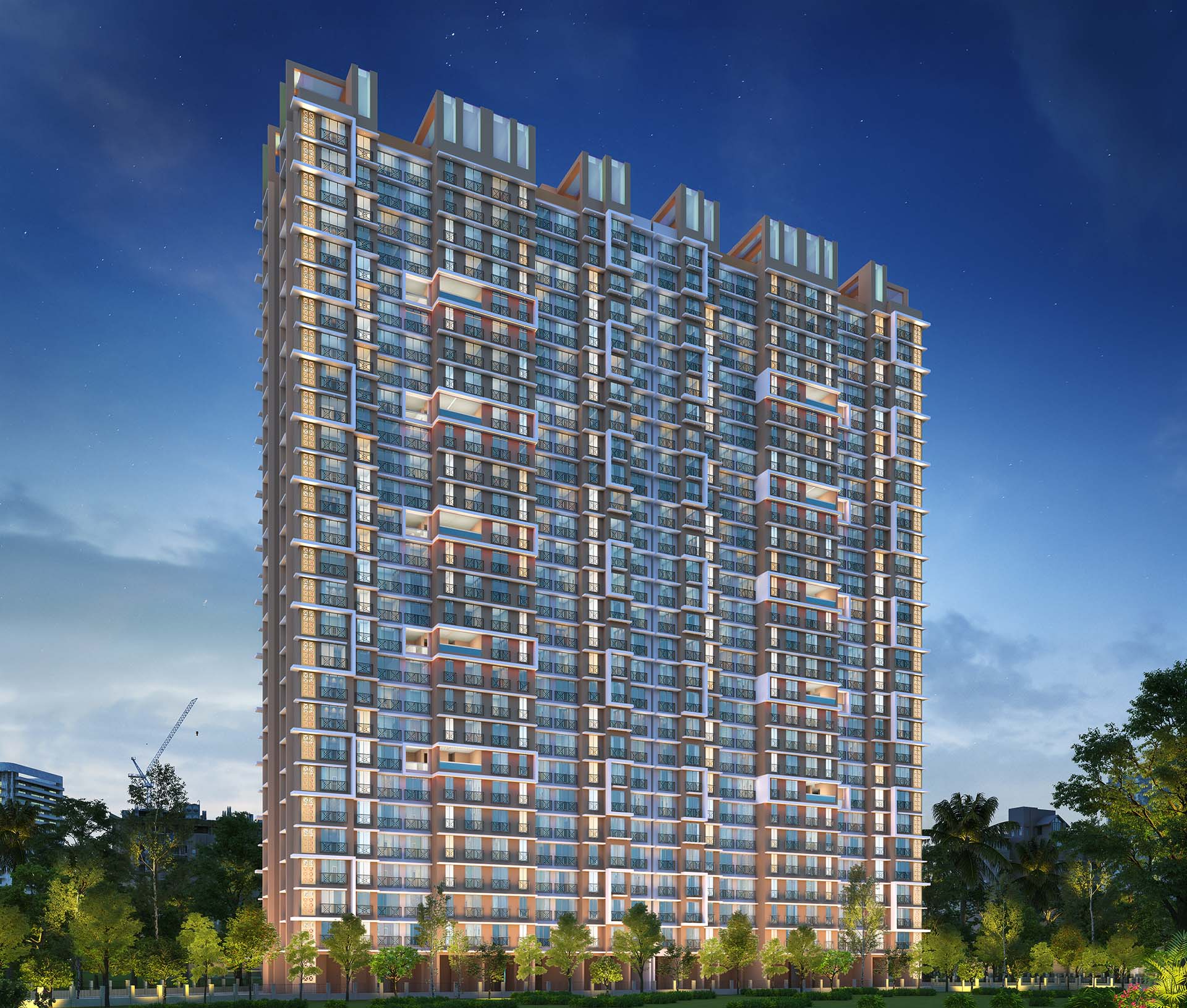 night view of walchand paradise 27 storey building consist of 1 bhk flats, 2bhk flats in mira road.